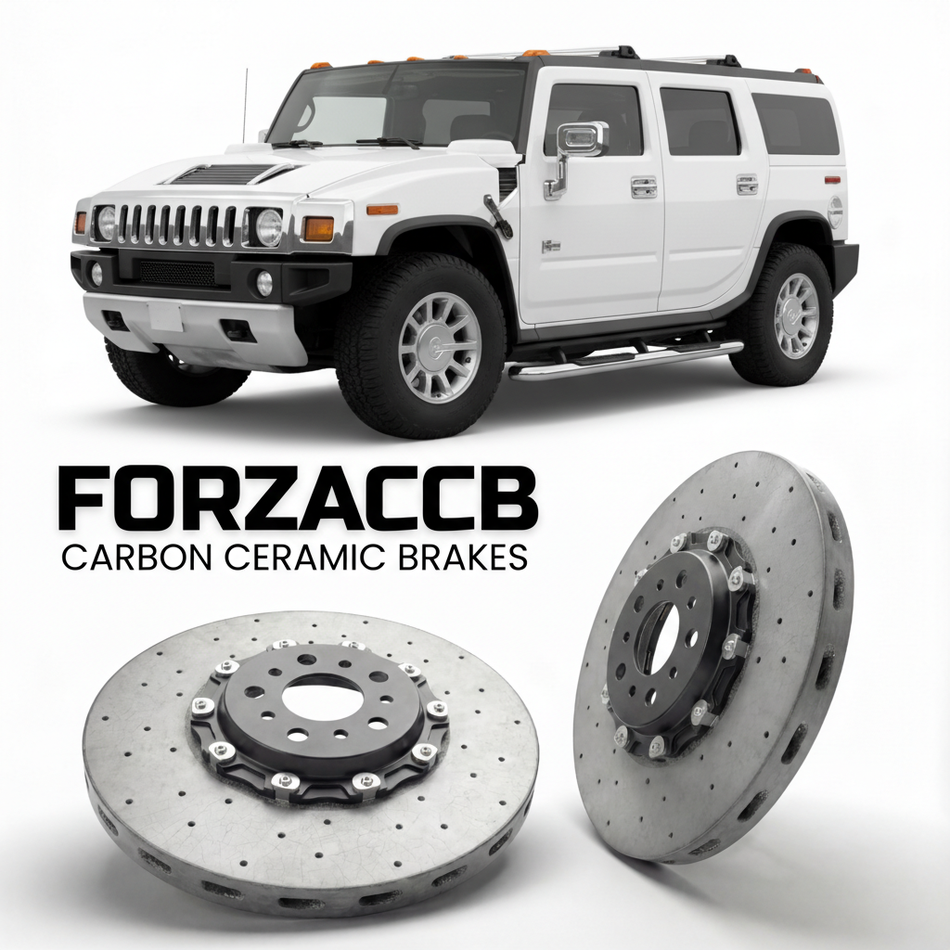 ForzaCCB direct OEM replacement carbon ceramic brake rotors for 2005 to 2009 Hummer H2 gmt 840 models, shown with a white Hummer H2 car.