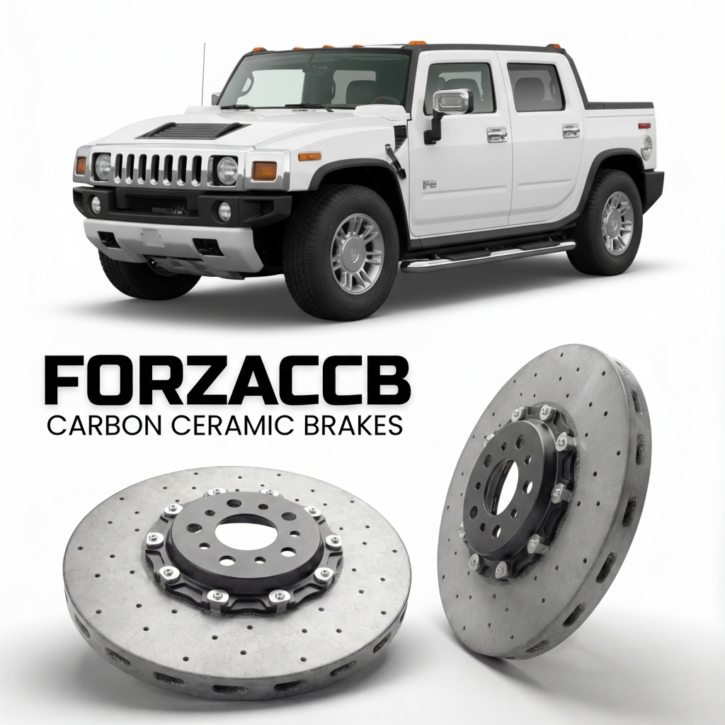 ForzaCCB direct OEM replacement carbon ceramic brake rotors for 2005 to 2009 Hummer H2 SUT models, shown with a white Hummer H2 car.