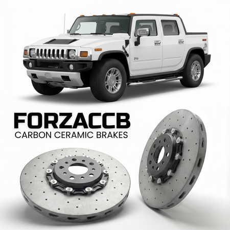 ForzaCCB direct OEM replacement carbon ceramic brake rotors for 2005 to 2009 Hummer H2 SUT models, shown with a white Hummer H2 car.