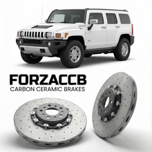 ForzaCCB direct OEM replacement carbon ceramic brake rotors for 2005 to 2010 Hummer H3 models, shown with a white Hummer H3 car.