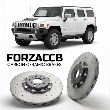 ForzaCCB direct OEM replacement carbon ceramic brake rotors for 2005 to 2010 Hummer H3 models, shown with a white Hummer H3 car.