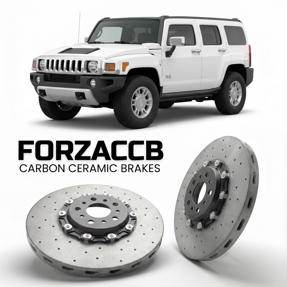 ForzaCCB direct OEM replacement carbon ceramic brake rotors for 2005 to 2010 Hummer H3 models, shown with a white Hummer H3 car.