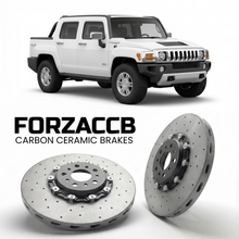 ForzaCCB direct OEM replacement carbon ceramic brake rotors for 2008 to 2010 Hummer H3 Hummer H3T models, shown with a white Hummer H3 car.