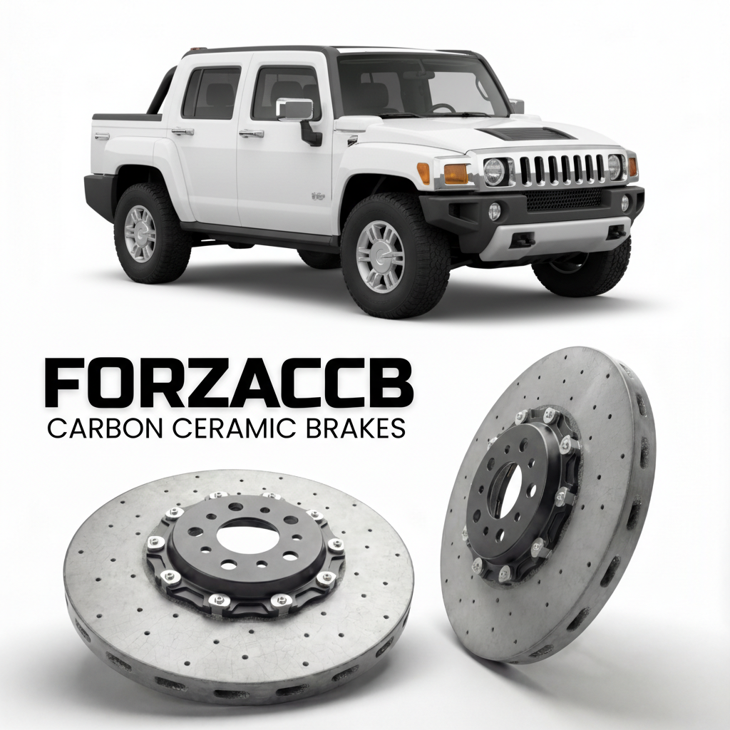 ForzaCCB direct OEM replacement carbon ceramic brake rotors for 2008 to 2010 Hummer H3 Hummer H3T models, shown with a white Hummer H3 car.