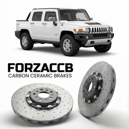 ForzaCCB direct OEM replacement carbon ceramic brake rotors for 2008 to 2010 Hummer H3 Hummer H3T models, shown with a white Hummer H3 car.