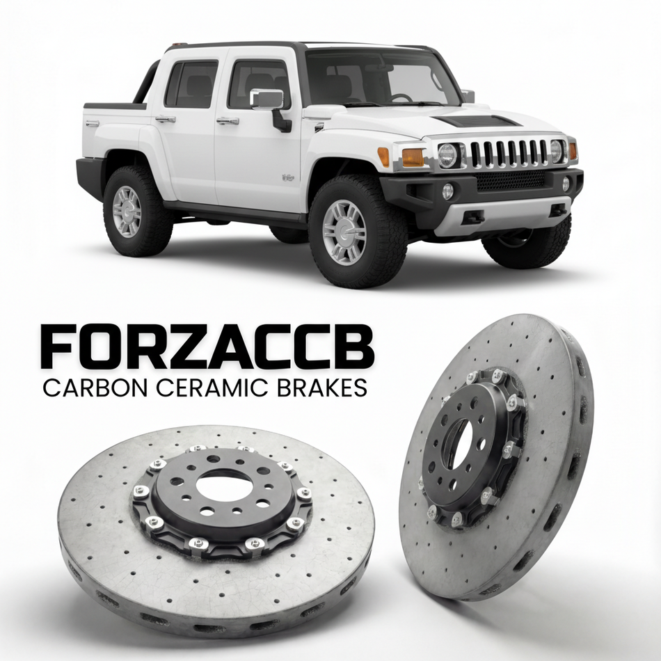 ForzaCCB direct OEM replacement carbon ceramic brake rotors for 2008 to 2010 Hummer H3 Hummer H3T models, shown with a white Hummer H3 car.