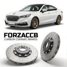 ForzaCCB direct OEM replacement carbon ceramic brake rotors for 2019 to 2020 Hongqi H5 models, shown with a white Hongqi H5 car.