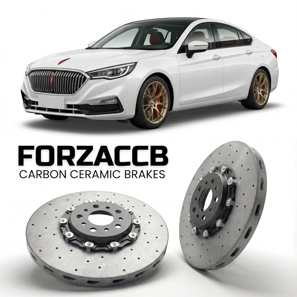 ForzaCCB direct OEM replacement carbon ceramic brake rotors for 2019 to 2020 Hongqi H5 models, shown with a white Hongqi H5 car.