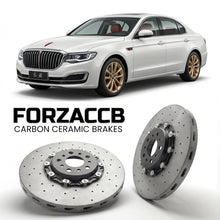 ForzaCCB direct OEM replacement carbon ceramic brake rotors for 2017 and newer Hongqi H7 facelift 2017 models, shown with a white Hongqi H7 car.