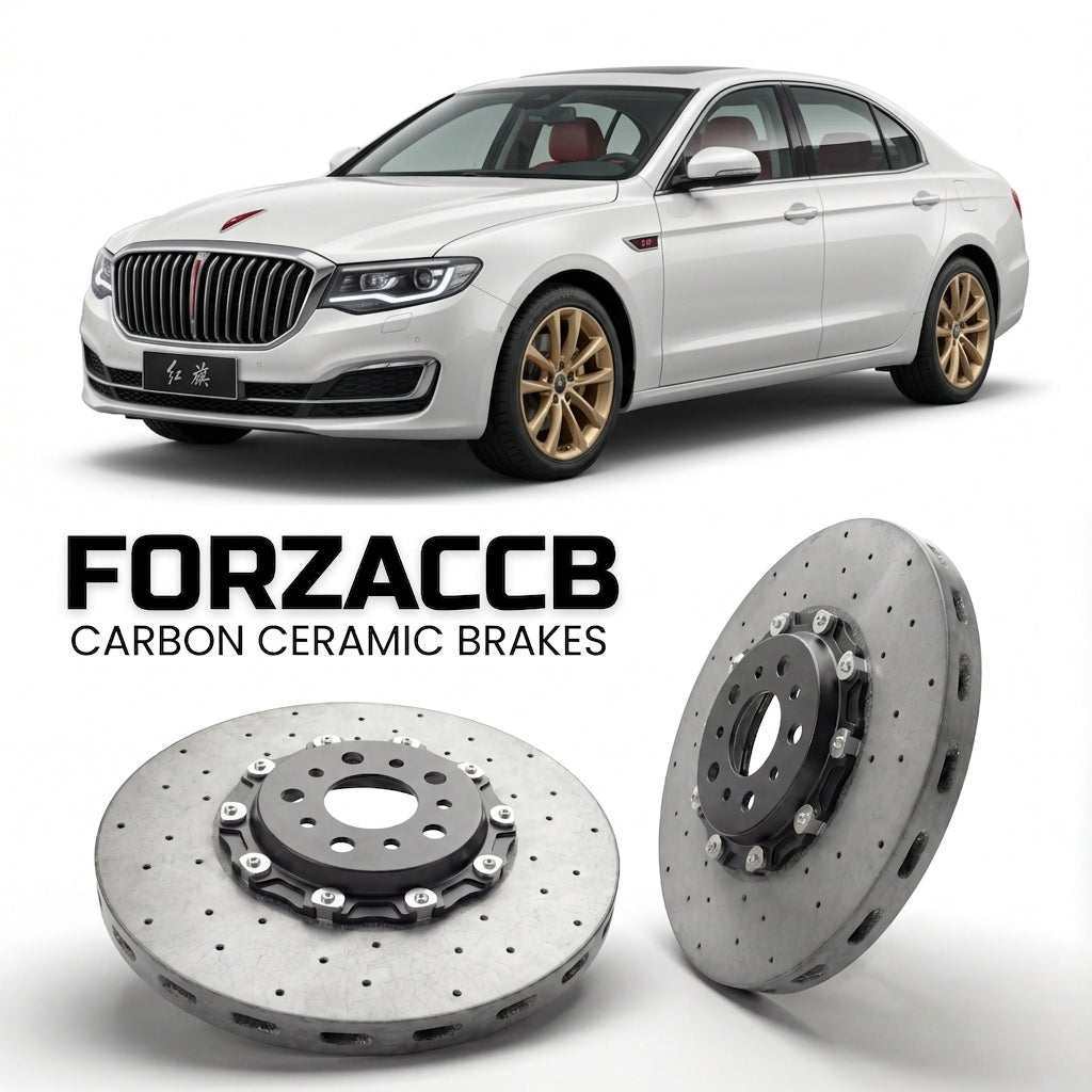 ForzaCCB direct OEM replacement carbon ceramic brake rotors for 2017 and newer Hongqi H7 facelift 2017 models, shown with a white Hongqi H7 car.