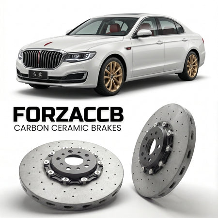 ForzaCCB direct OEM replacement carbon ceramic brake rotors for 2017 and newer Hongqi H7 facelift 2017 models, shown with a white Hongqi H7 car.