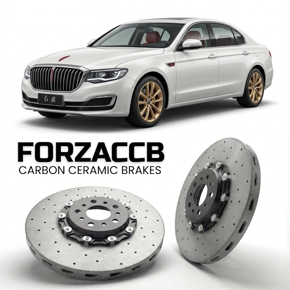 ForzaCCB direct OEM replacement carbon ceramic brake rotors for 2017 and newer Hongqi H7 facelift 2017 models, shown with a white Hongqi H7 car.