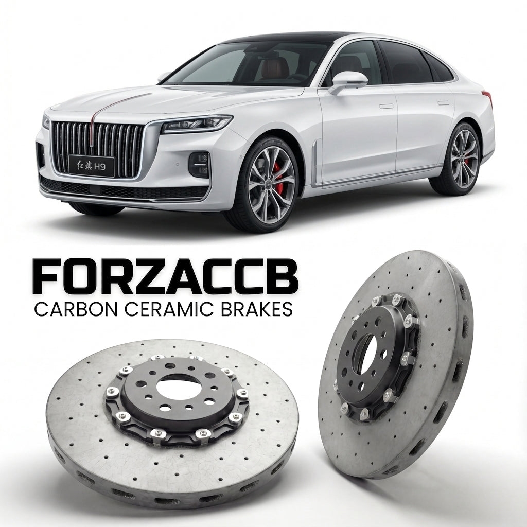 ForzaCCB direct OEM replacement carbon ceramic brake rotors for 2024 and newer Hongqi H9 facelift 2024 models, shown with a white Hongqi H9 car.