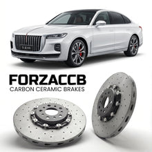 ForzaCCB direct OEM replacement carbon ceramic brake rotors for 2024 and newer Hongqi H9 facelift 2024 models, shown with a white Hongqi H9 car.