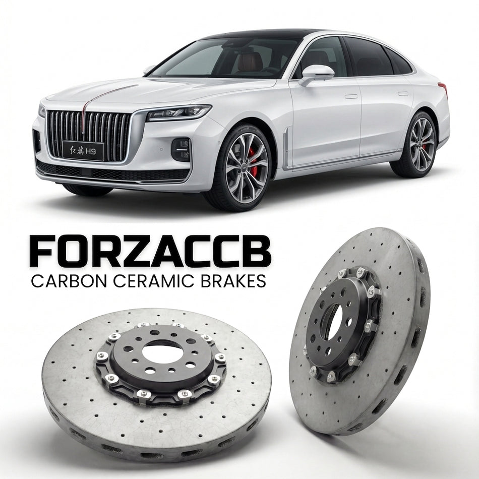 ForzaCCB direct OEM replacement carbon ceramic brake rotors for 2024 and newer Hongqi H9 facelift 2024 models, shown with a white Hongqi H9 car.