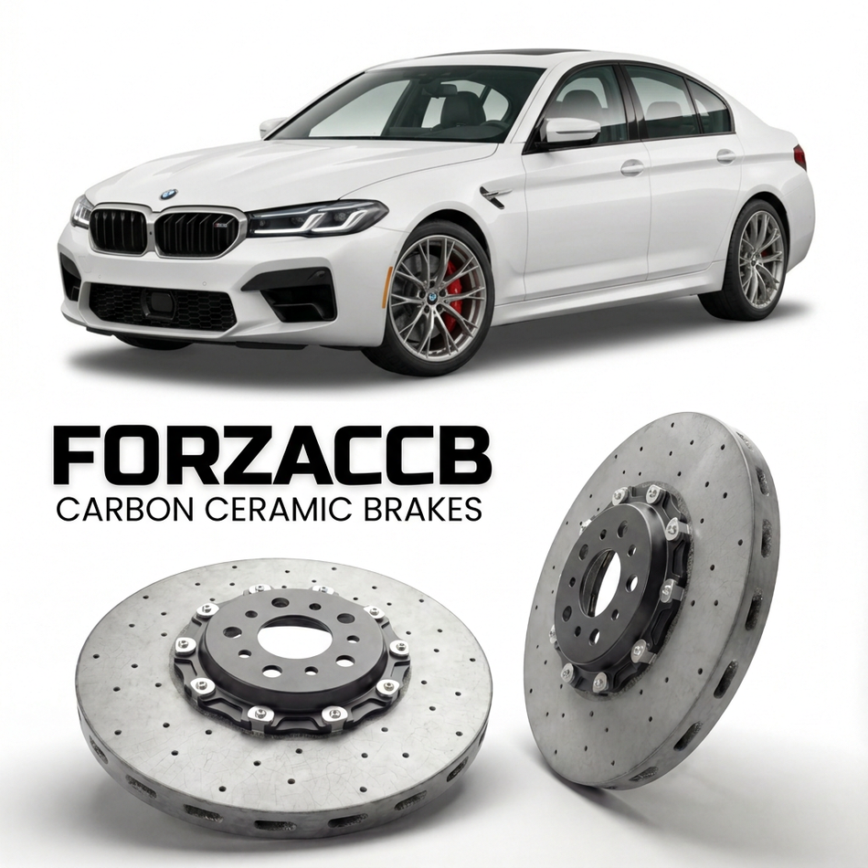 ForzaCCB direct OEM replacement carbon ceramic brake rotors for 2020 to 2022 BYD Han models, shown with a white BYD Han car.