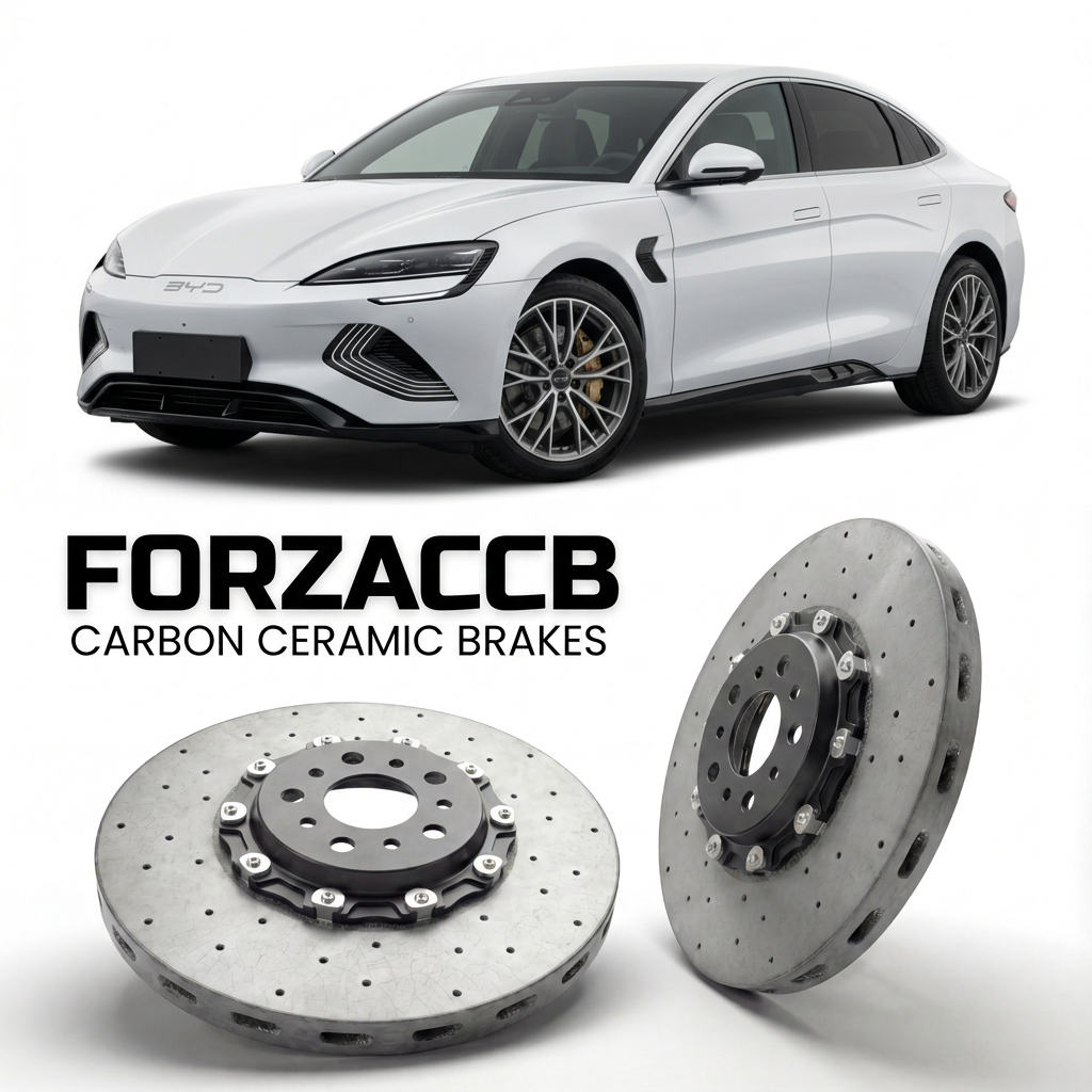 ForzaCCB direct OEM replacement carbon ceramic brake rotors for 2025 and newer BYD Han L models, shown with a white BYD Han car.