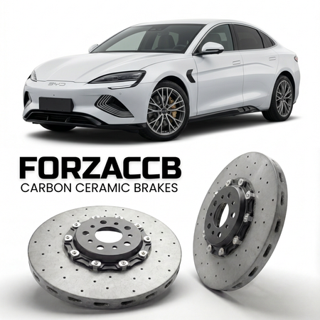 ForzaCCB direct OEM replacement carbon ceramic brake rotors for 2025 and newer BYD Han L models, shown with a white BYD Han car.