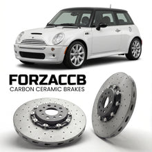 ForzaCCB direct OEM replacement carbon ceramic brake rotors for 2005 to 2006 Mini Hatch R50; R53 models, shown with a white Mini Hatch car.