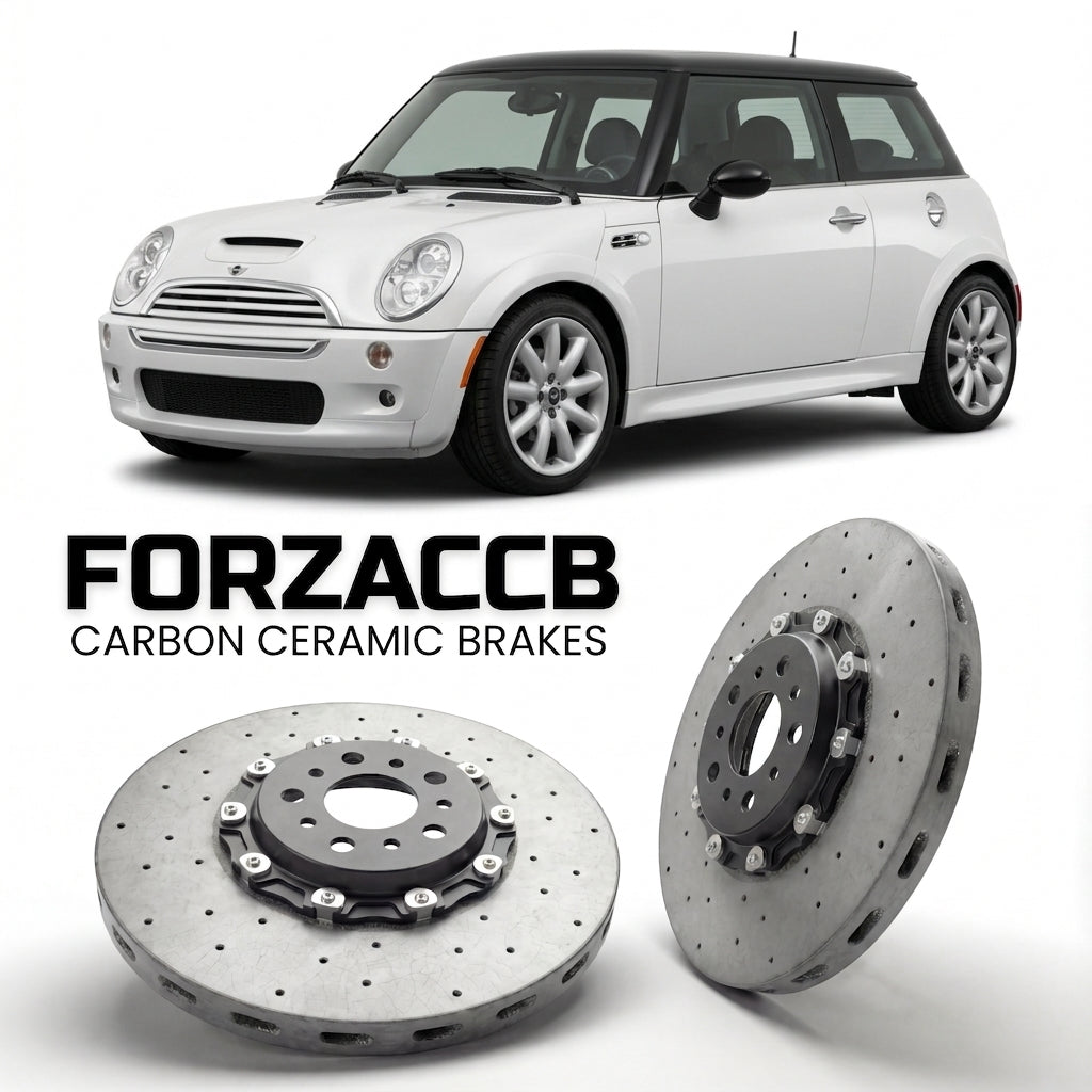 ForzaCCB direct OEM replacement carbon ceramic brake rotors for 2005 to 2006 Mini Hatch R50; R53 models, shown with a white Mini Hatch car.
