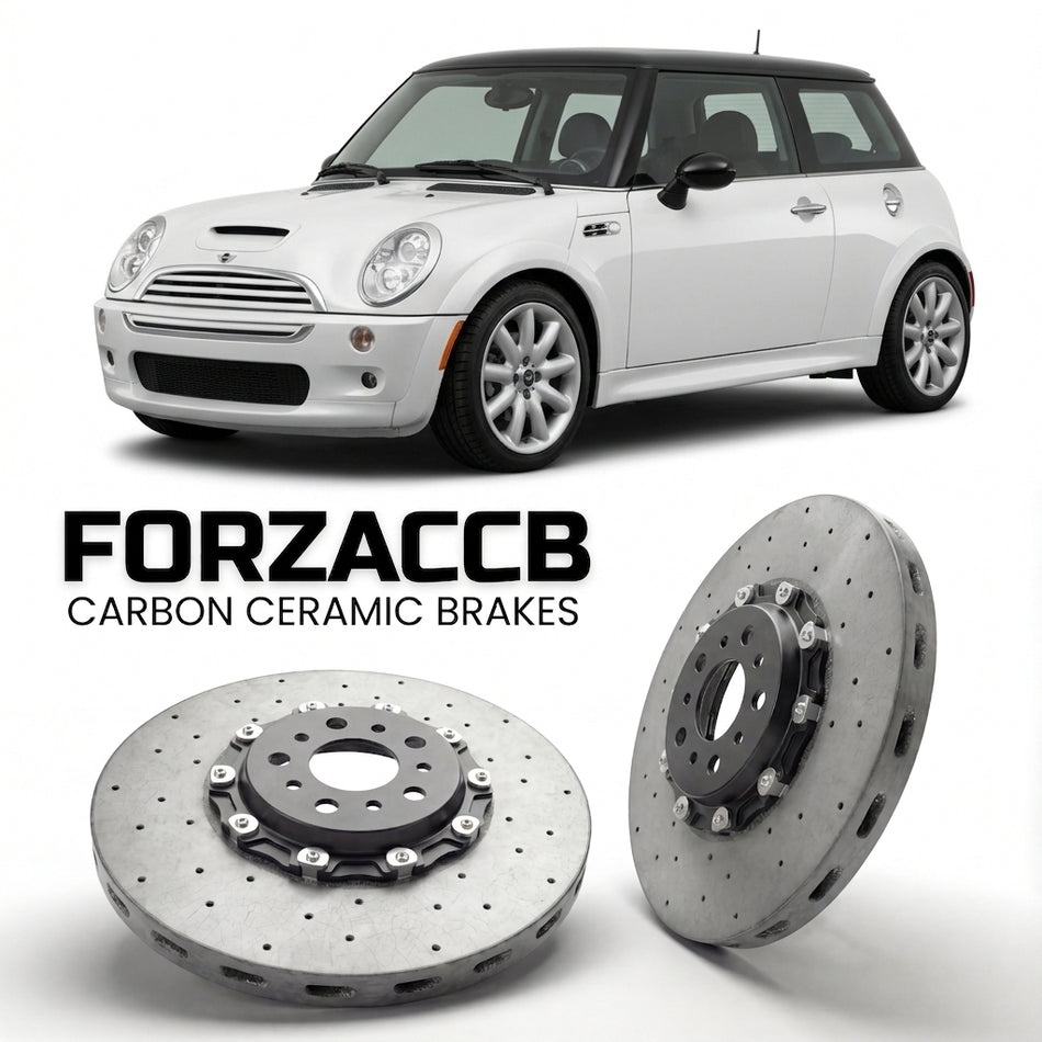 ForzaCCB direct OEM replacement carbon ceramic brake rotors for 2005 to 2006 Mini Hatch R50; R53 models, shown with a white Mini Hatch car.