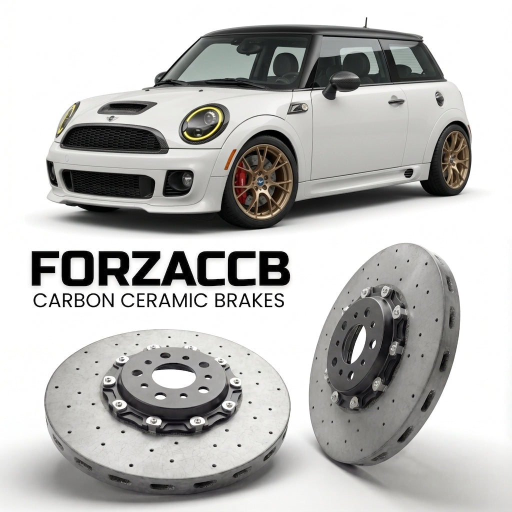 ForzaCCB direct OEM replacement carbon ceramic brake rotors for 2006 to 2014 Mini Hatch R56 models, shown with a white Mini Hatch car.
