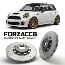 ForzaCCB direct OEM replacement carbon ceramic brake rotors for 2006 to 2014 Mini Hatch R56 models, shown with a white Mini Hatch car.