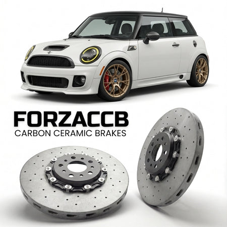 ForzaCCB direct OEM replacement carbon ceramic brake rotors for 2006 to 2014 Mini Hatch R56 models, shown with a white Mini Hatch car.
