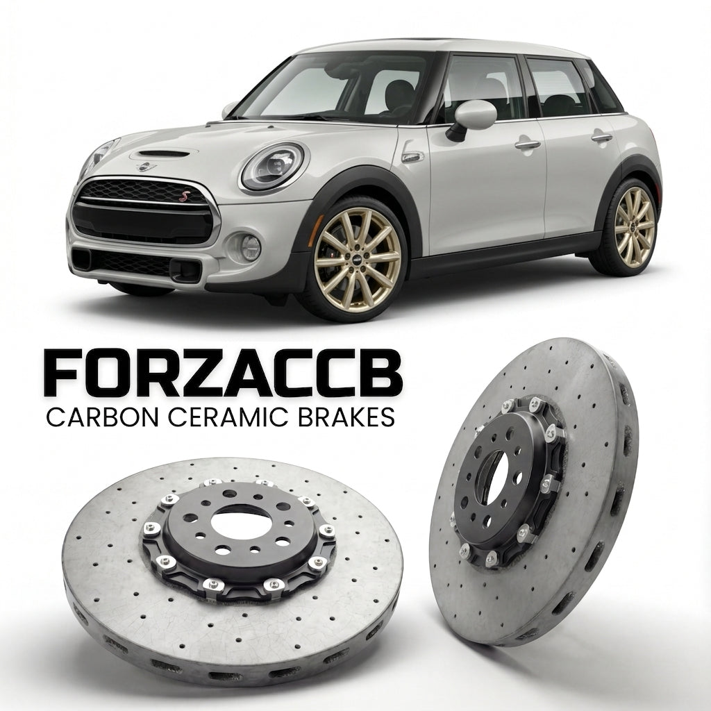 ForzaCCB direct OEM replacement carbon ceramic brake rotors for 2014-2018 5-door) Mini Hatch (F55 models, shown with a white Mini Hatch car.