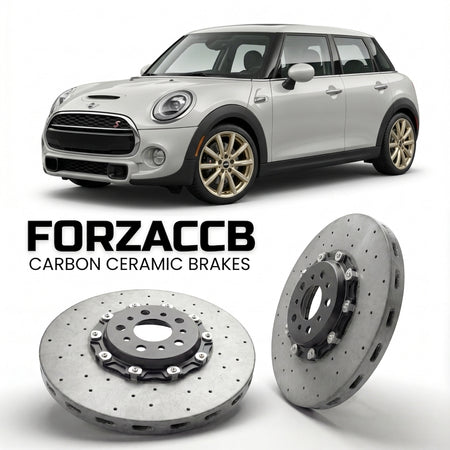 ForzaCCB direct OEM replacement carbon ceramic brake rotors for 2014-2018 5-door) Mini Hatch (F55 models, shown with a white Mini Hatch car.
