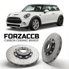 ForzaCCB direct OEM replacement carbon ceramic brake rotors for 2014-2018 3-door) Mini Hatch (F56 models, shown with a white Mini Hatch car.