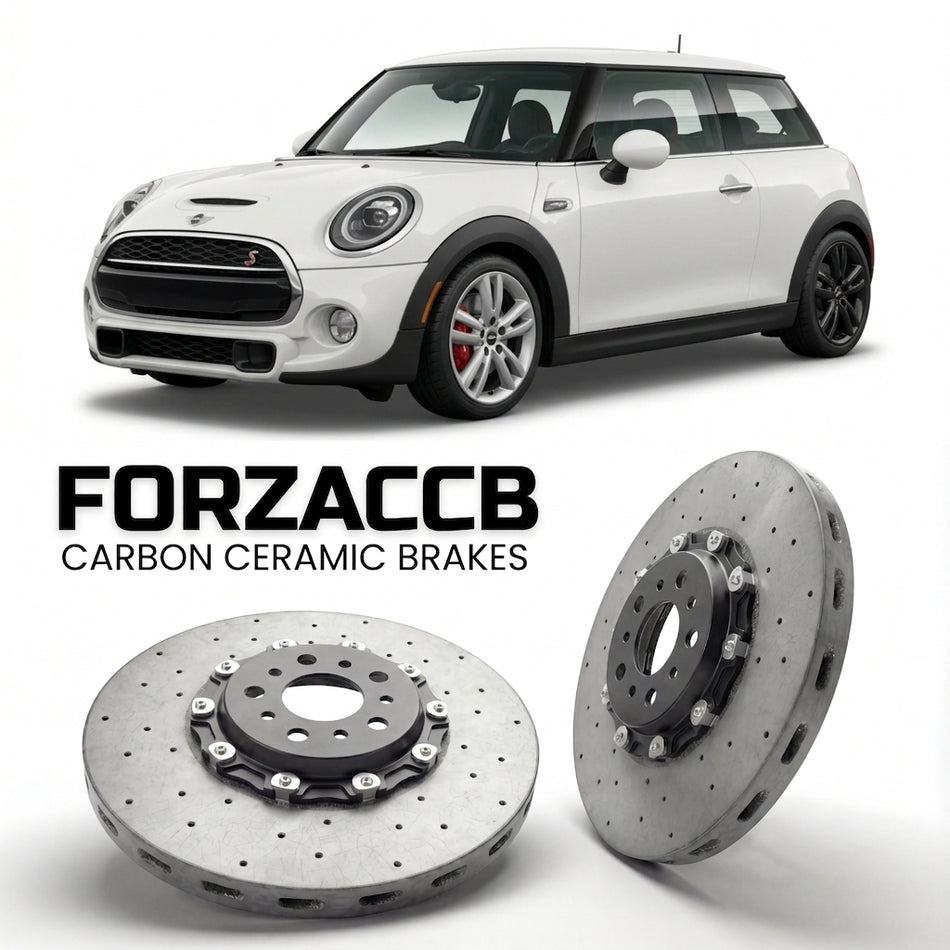 ForzaCCB direct OEM replacement carbon ceramic brake rotors for 2014-2018 3-door) Mini Hatch (F56 models, shown with a white Mini Hatch car.