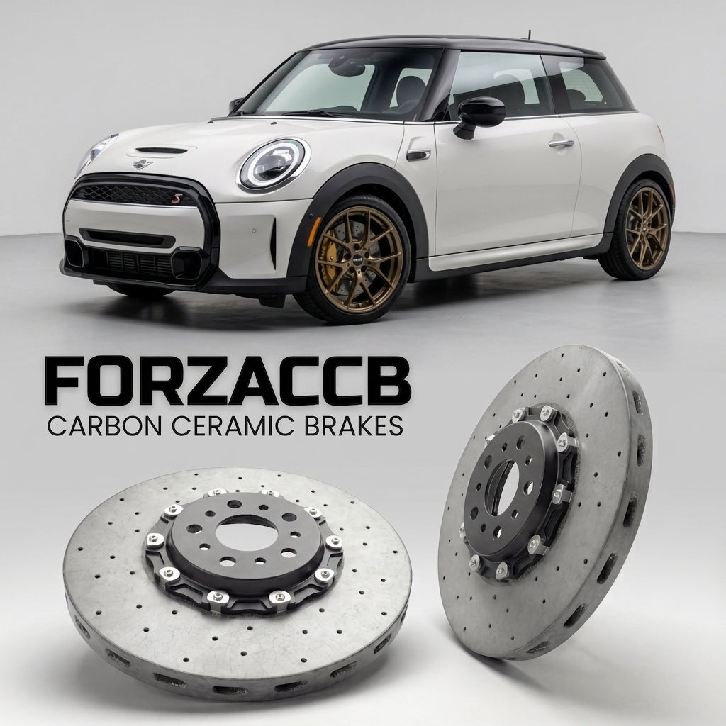 ForzaCCB direct OEM replacement carbon ceramic brake rotors for 2018-2021 3-door) Mini Hatch (F56, facelift 2018 models, shown with a white Mini Hatch car.