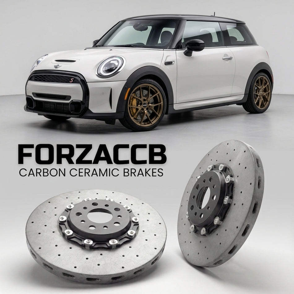 ForzaCCB direct OEM replacement carbon ceramic brake rotors for 2018-2021 3-door) Mini Hatch (F56, facelift 2018 models, shown with a white Mini Hatch car.