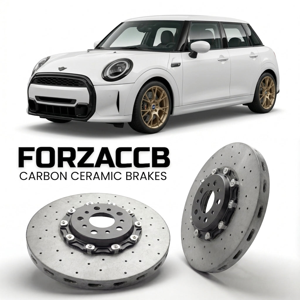ForzaCCB direct OEM replacement carbon ceramic brake rotors for 2021-2024 5-door) Mini Hatch (F55, facelift 2021 models, shown with a white Mini Hatch car.