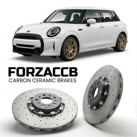 ForzaCCB direct OEM replacement carbon ceramic brake rotors for 2021-2024 5-door) Mini Hatch (F55, facelift 2021 models, shown with a white Mini Hatch car.