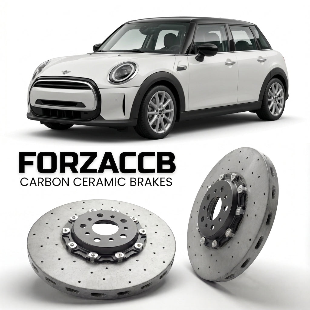 ForzaCCB direct OEM replacement carbon ceramic brake rotors for 2024+ 5-door) Mini Hatch (F65 models, shown with a white Mini Hatch car.