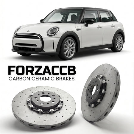 ForzaCCB direct OEM replacement carbon ceramic brake rotors for 2024+ 5-door) Mini Hatch (F65 models, shown with a white Mini Hatch car.