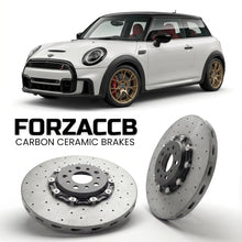 ForzaCCB direct OEM replacement carbon ceramic brake rotors for 2024+ 3-door) Mini Hatch (F66 models, shown with a white Mini Hatch car.