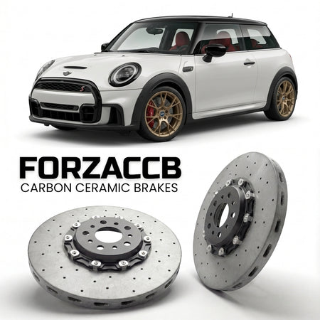 ForzaCCB direct OEM replacement carbon ceramic brake rotors for 2024+ 3-door) Mini Hatch (F66 models, shown with a white Mini Hatch car.