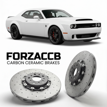 ForzaCCB direct OEM replacement carbon ceramic brake rotors for 2021 to 2023 Dodge Hellcat Redeye models, shown with a white Dodge Hellcat Redeye car.