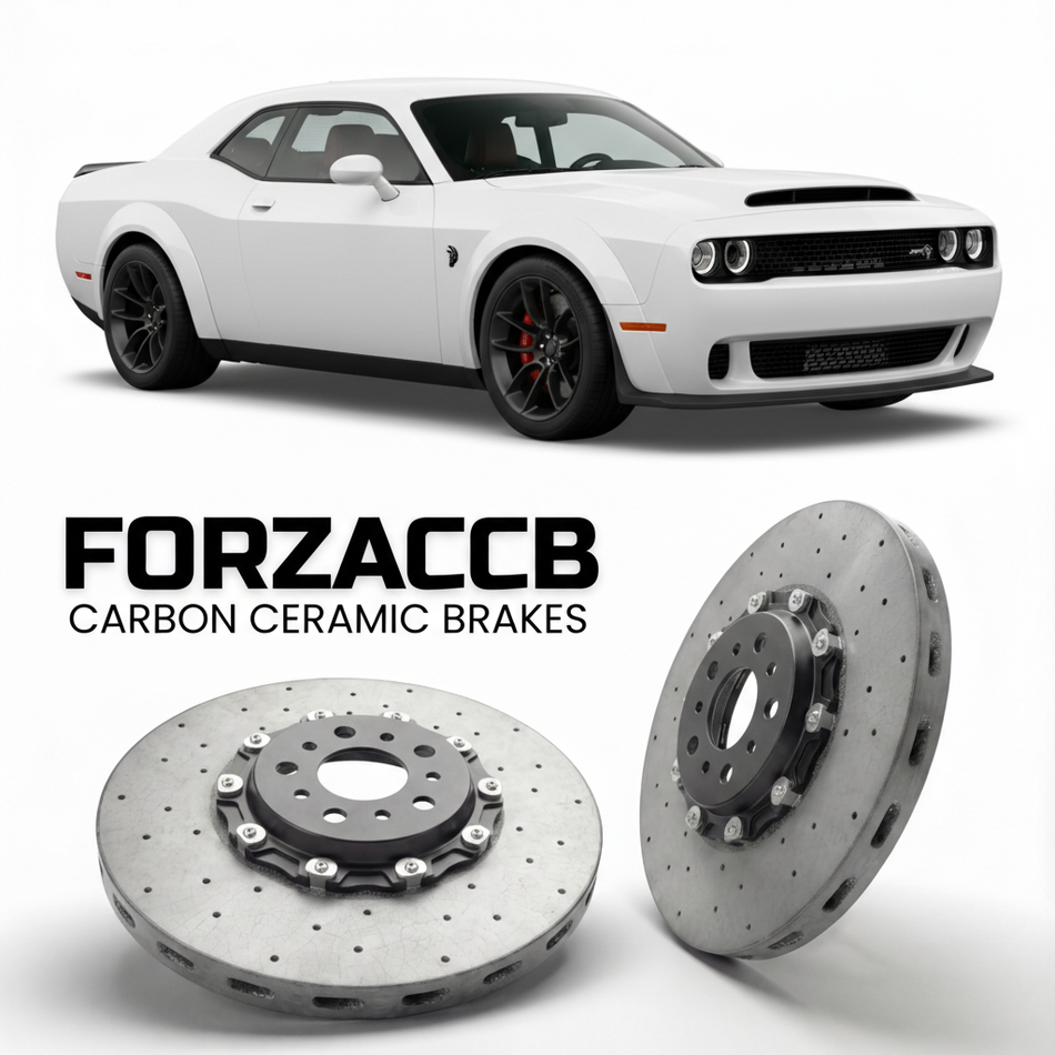 ForzaCCB direct OEM replacement carbon ceramic brake rotors for 2021 to 2023 Dodge Hellcat Redeye models, shown with a white Dodge Hellcat Redeye car.