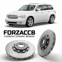 ForzaCCB direct OEM replacement carbon ceramic brake rotors for 2005 to 2011 Chevrolet HHR models, shown with a white Chevrolet HHR car.