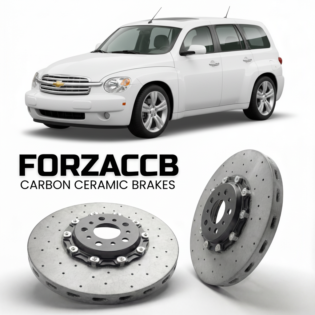 ForzaCCB direct OEM replacement carbon ceramic brake rotors for 2005 to 2011 Chevrolet HHR models, shown with a white Chevrolet HHR car.