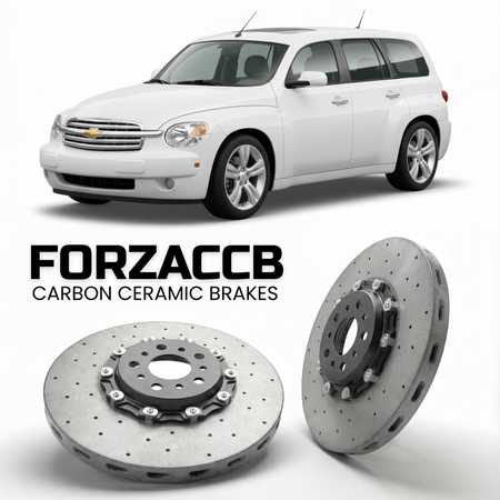 ForzaCCB direct OEM replacement carbon ceramic brake rotors for 2005 to 2011 Chevrolet HHR models, shown with a white Chevrolet HHR car.