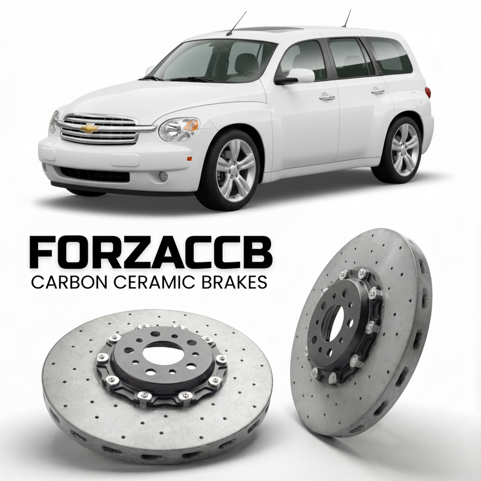 ForzaCCB direct OEM replacement carbon ceramic brake rotors for 2005 to 2011 Chevrolet HHR models, shown with a white Chevrolet HHR car.