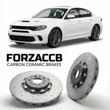 ForzaCCB direct OEM replacement carbon ceramic brake rotors for 2023 and newer Dodge Hornet models, shown with a white Dodge Hornet car.