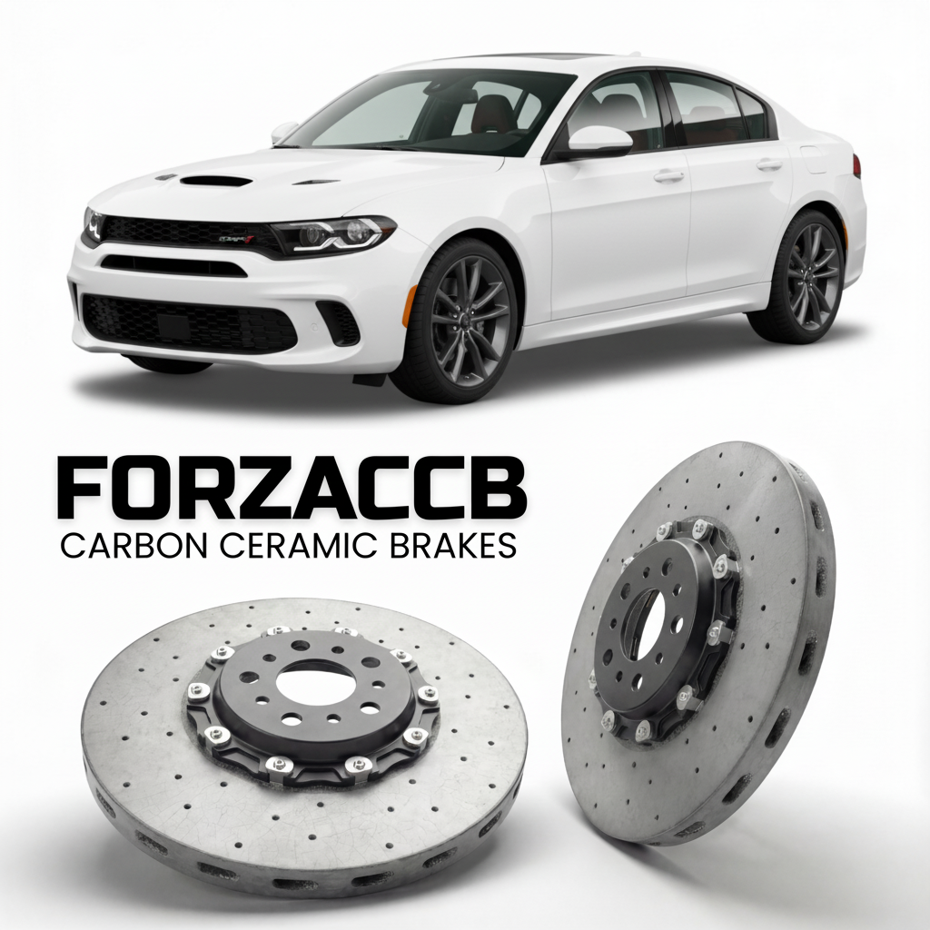 ForzaCCB direct OEM replacement carbon ceramic brake rotors for 2023 and newer Dodge Hornet models, shown with a white Dodge Hornet car.
