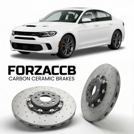 ForzaCCB direct OEM replacement carbon ceramic brake rotors for 2023 and newer Dodge Hornet models, shown with a white Dodge Hornet car.