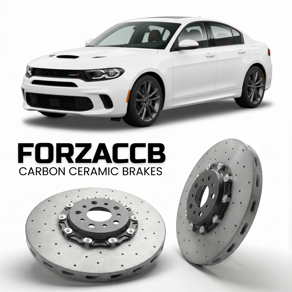 ForzaCCB direct OEM replacement carbon ceramic brake rotors for 2023 and newer Dodge Hornet models, shown with a white Dodge Hornet car.